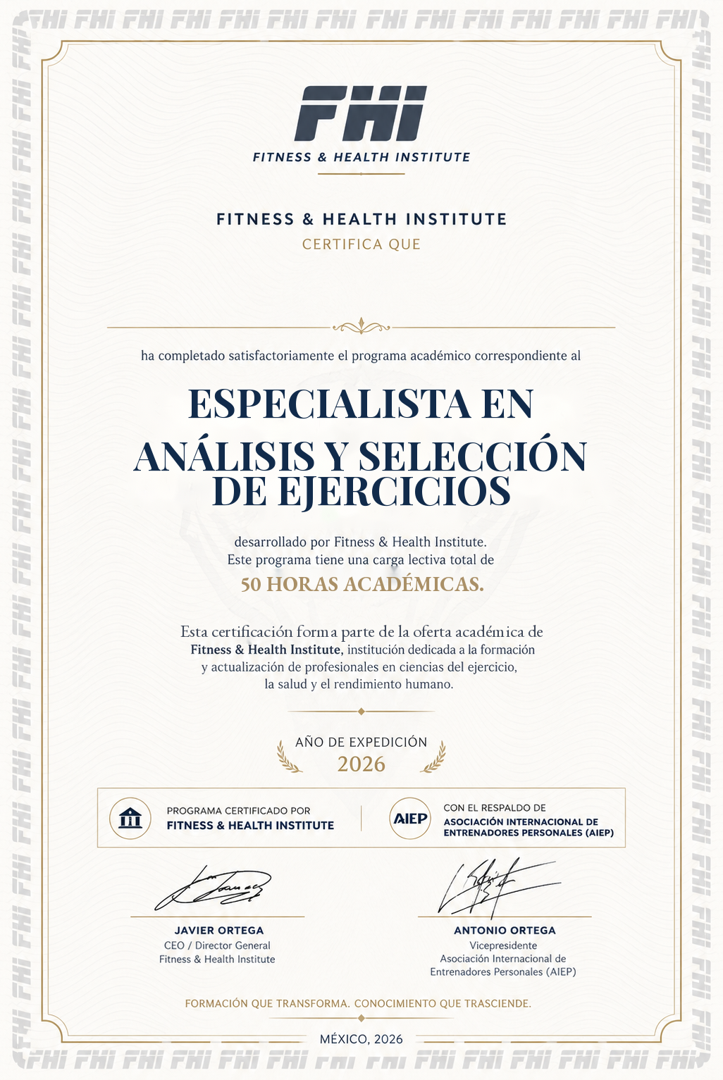 Ejemplo del diploma del Especialista en Análisis y Selección de Ejercicios, avalado por AIEP